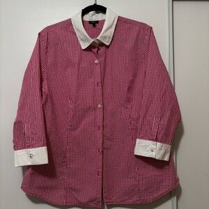 Talbots 3/4 Sleeve Red and White Checkered Button-Up Shirt